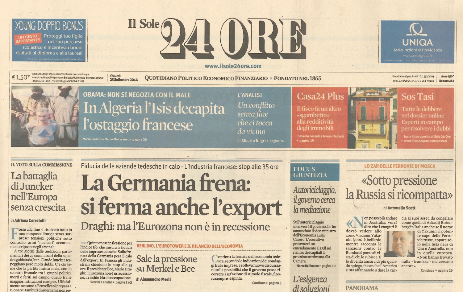 2014 09 Il sole 24 ore copertina